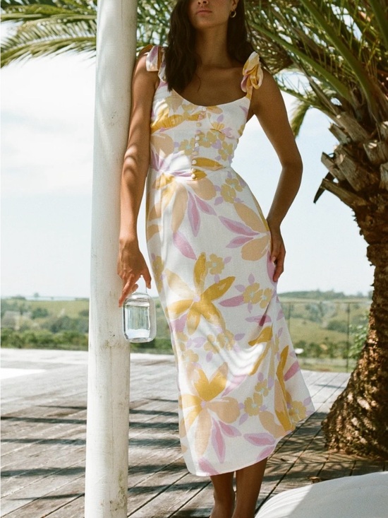 Sabo Skirt Dresses & Skirts - Sabo Skirt White Midi Dress with Yellow & Pink Floral Print